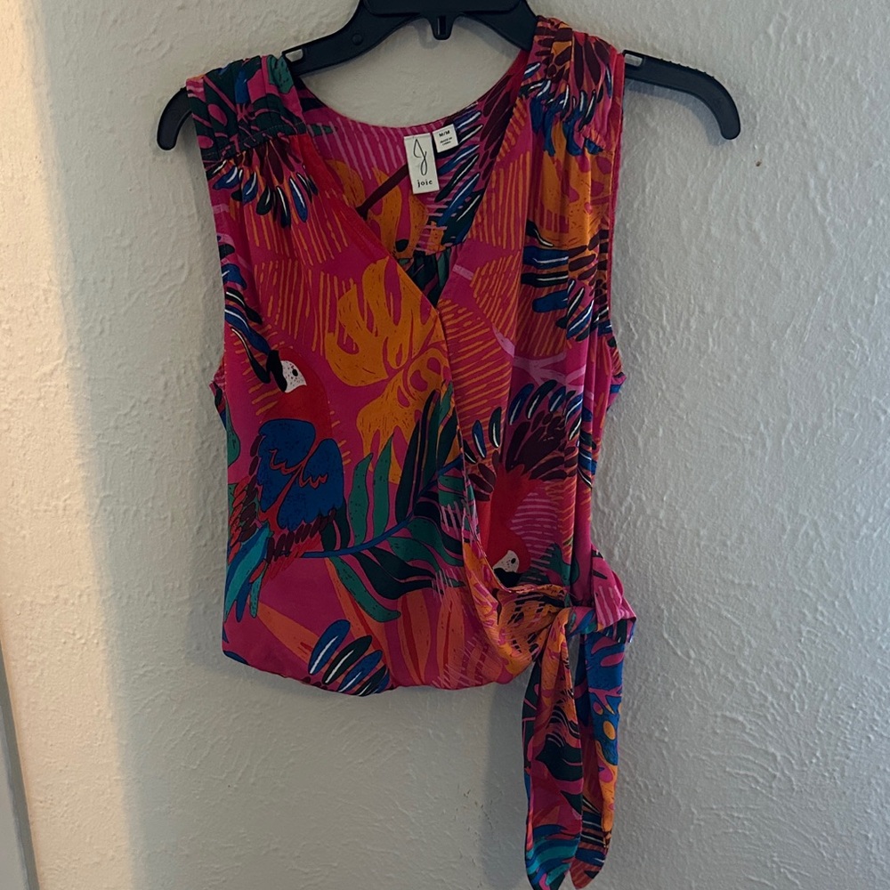 Joie Pink Tropical Parrot Wrap Camisole with Side Tie Accent